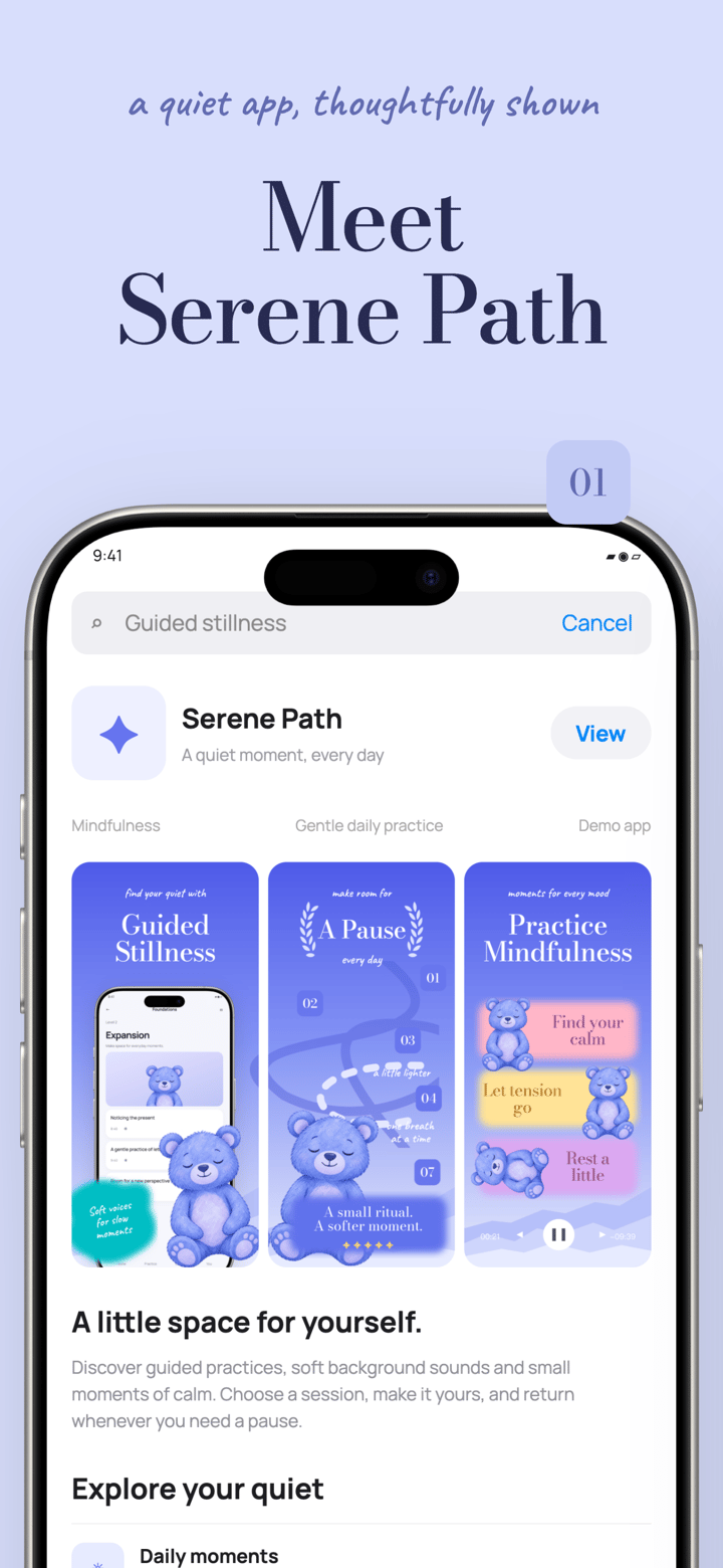 Serene Showcase app screenshot template preview, screen 1 of 5, Health & Fitness design