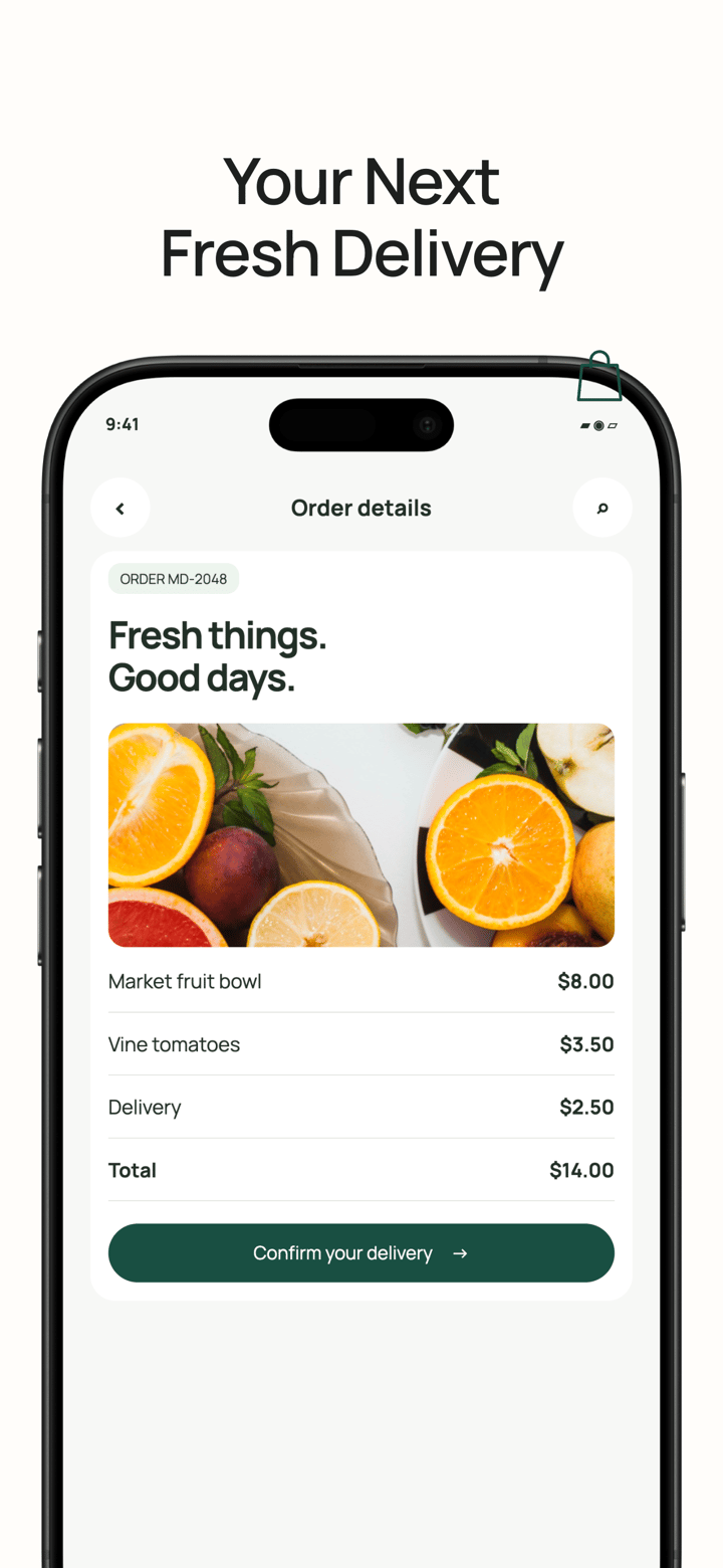 Market Day app screenshot template preview, screen 5 of 5, Lifestyle design