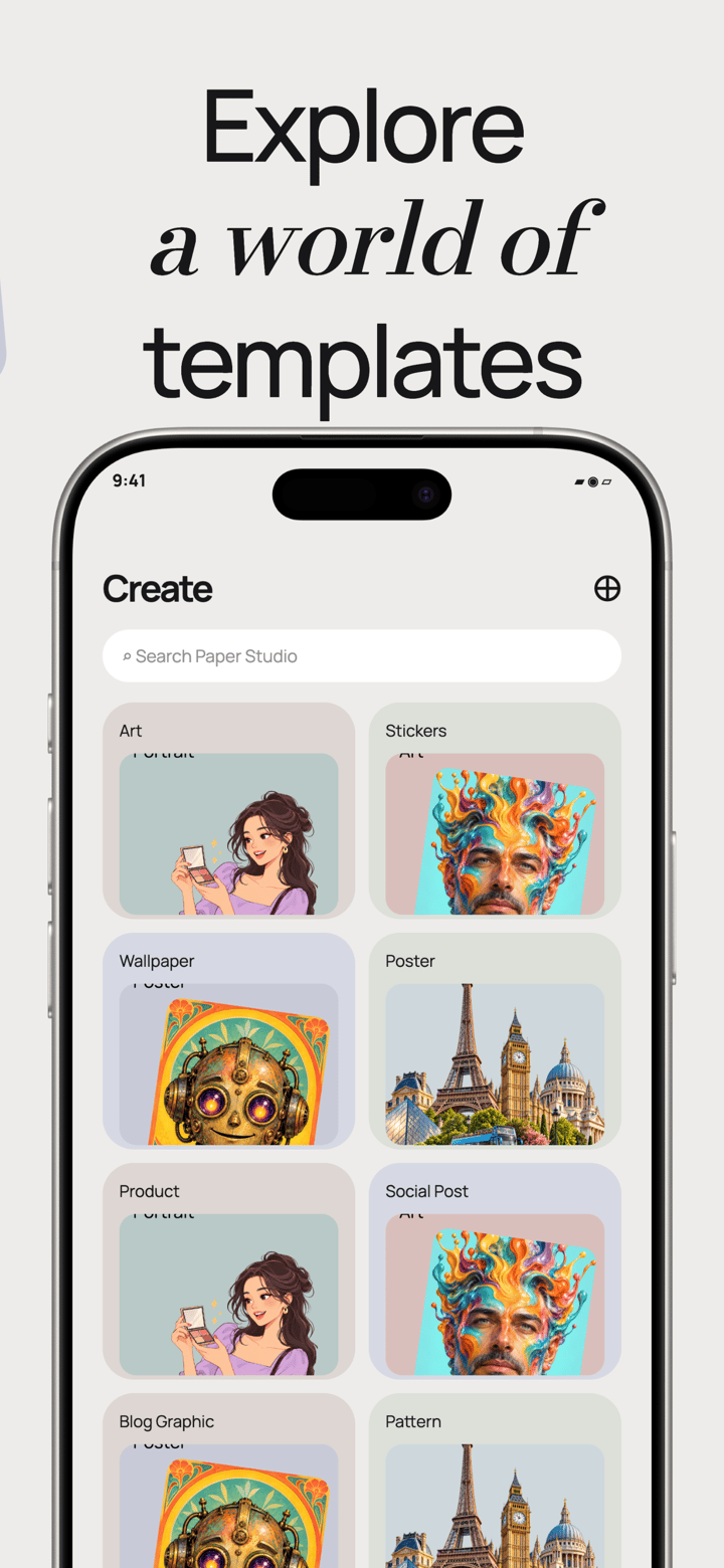 Paper Studio app screenshot template preview, screen 3 of 5, Graphics & Design design