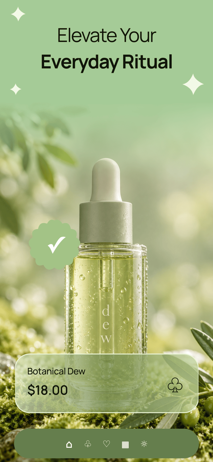 Dew Ritual app screenshot template preview, screen 2 of 5, Shopping design
