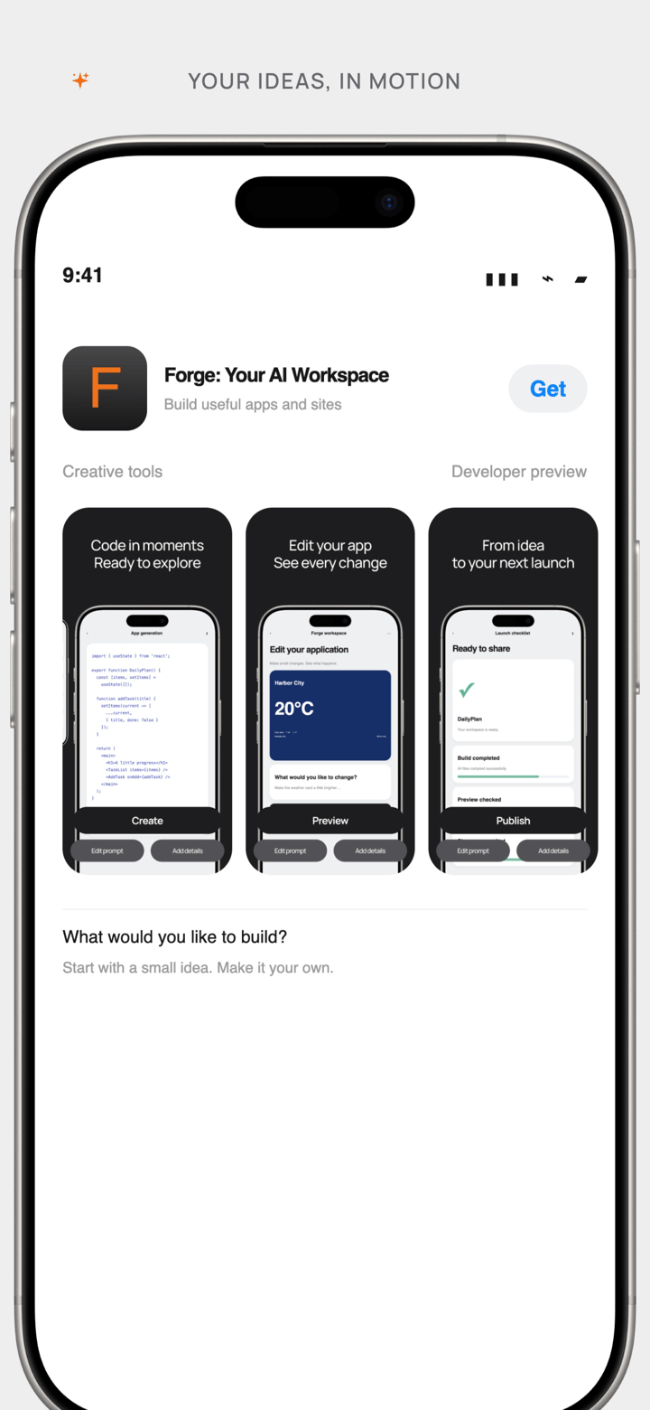 Forge Showcase app screenshot template preview, screen 3 of 5, Developer Tools design