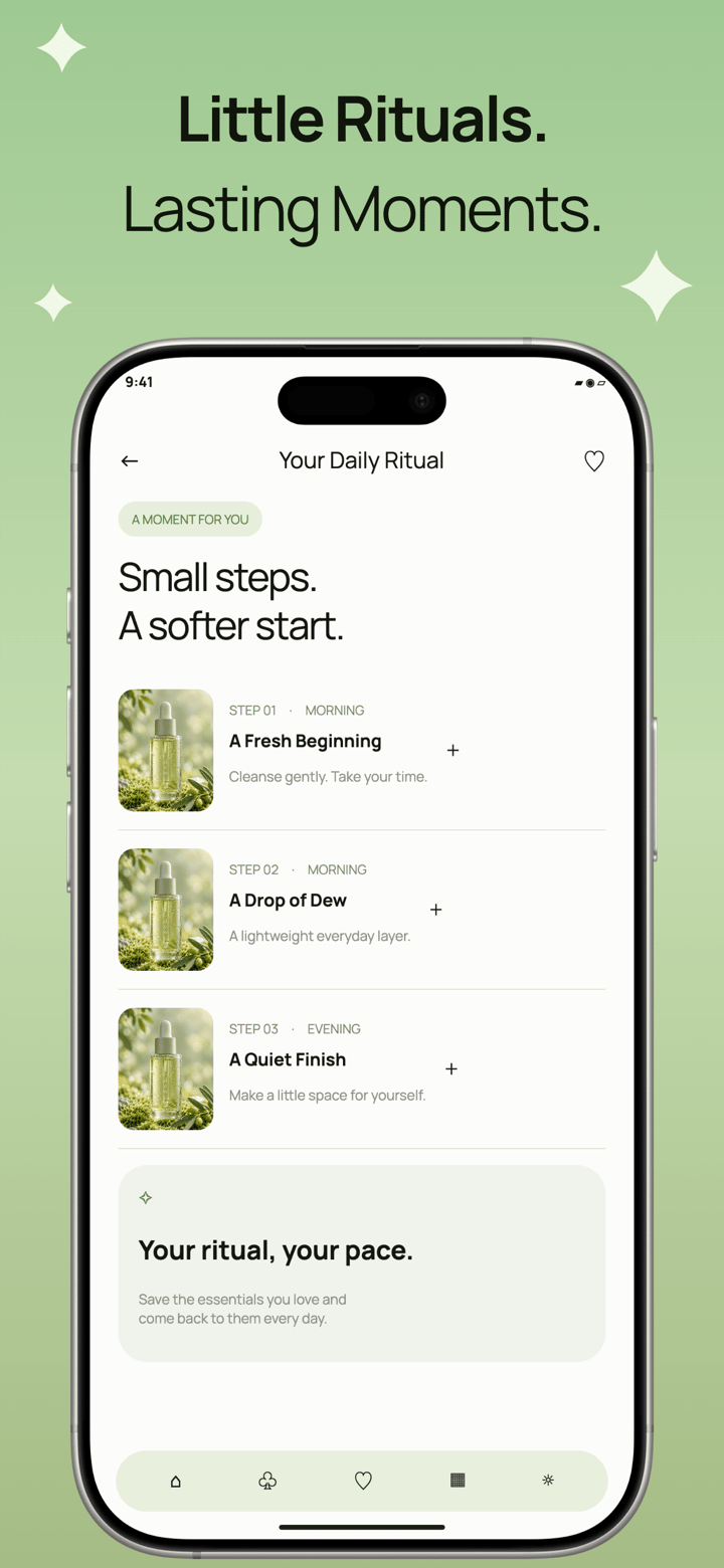 Dew Ritual app screenshot template preview, screen 5 of 5, Shopping design