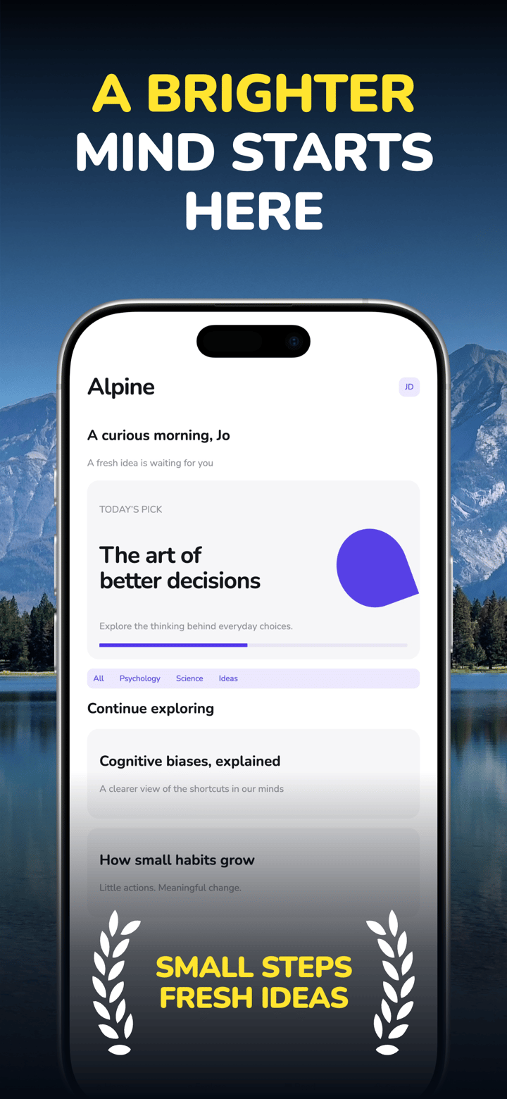 Alpine Mind app screenshot template preview, screen 1 of 8, Education design