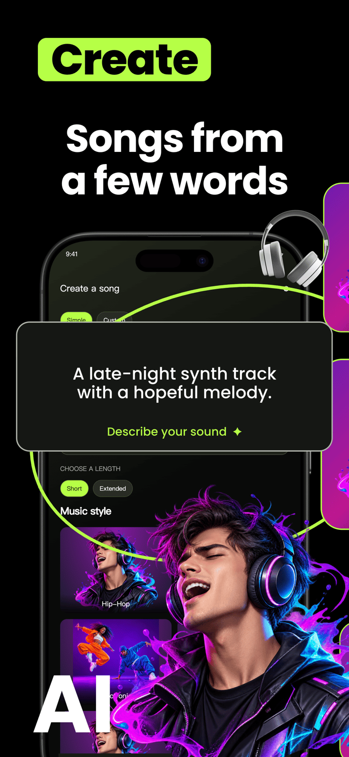 Neon Verse app screenshot template preview, screen 2 of 5, Music design