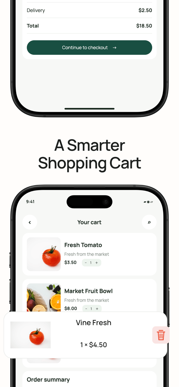 Market Day app screenshot template preview, screen 2 of 5, Lifestyle design