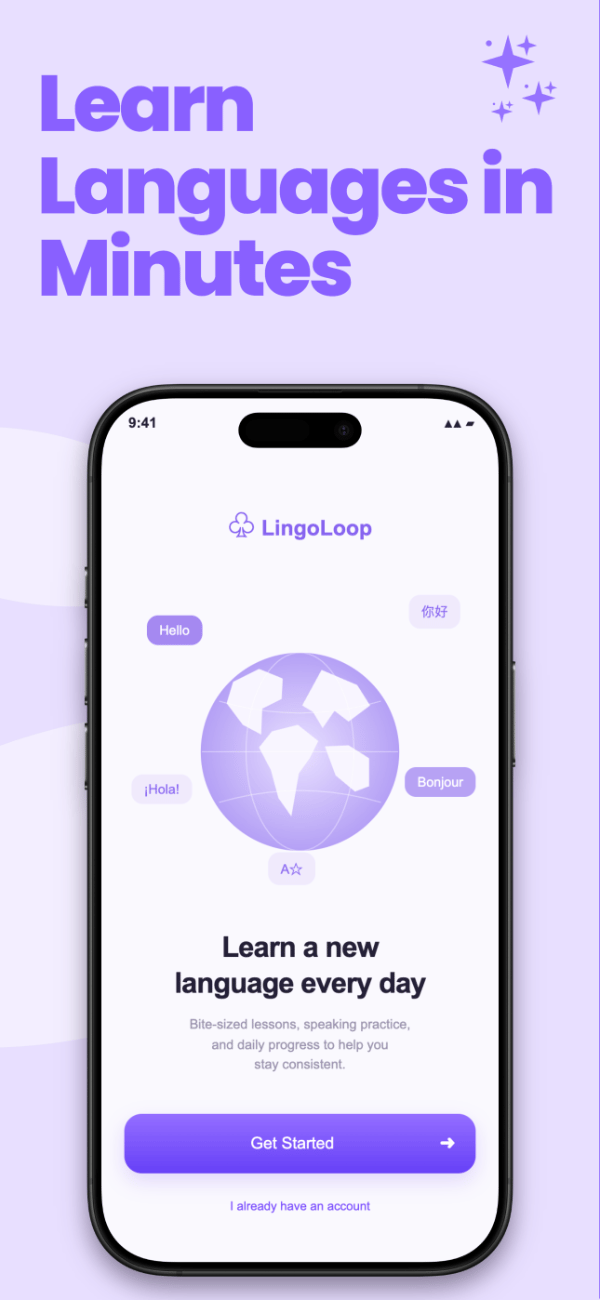 LingoLoop app screenshot template preview, screen 1 of 5, Education design