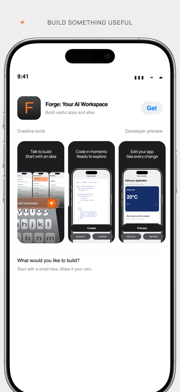 Forge Showcase app screenshot template preview, screen 2 of 5, Developer Tools design