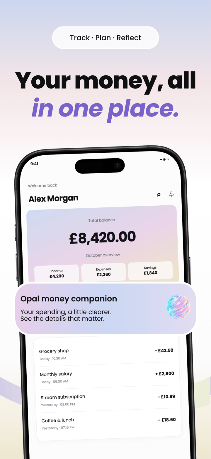 Opal Ledger app screenshot template preview, screen 2 of 5, Finance design