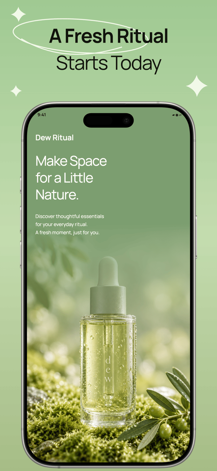 Dew Ritual app screenshot template preview, screen 1 of 5, Shopping design