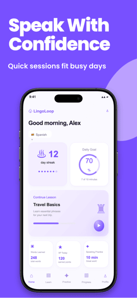 LingoLoop app screenshot template preview, screen 2 of 5, Education design