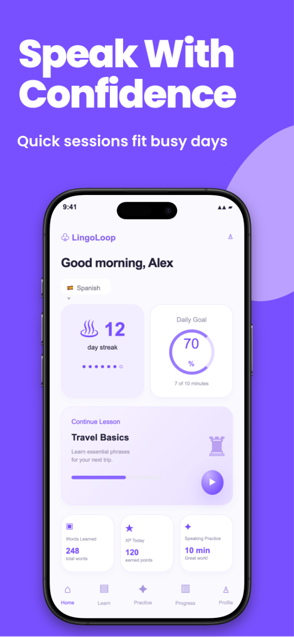 LingoLoop app screenshot template preview, screen 2 of 5, Education design