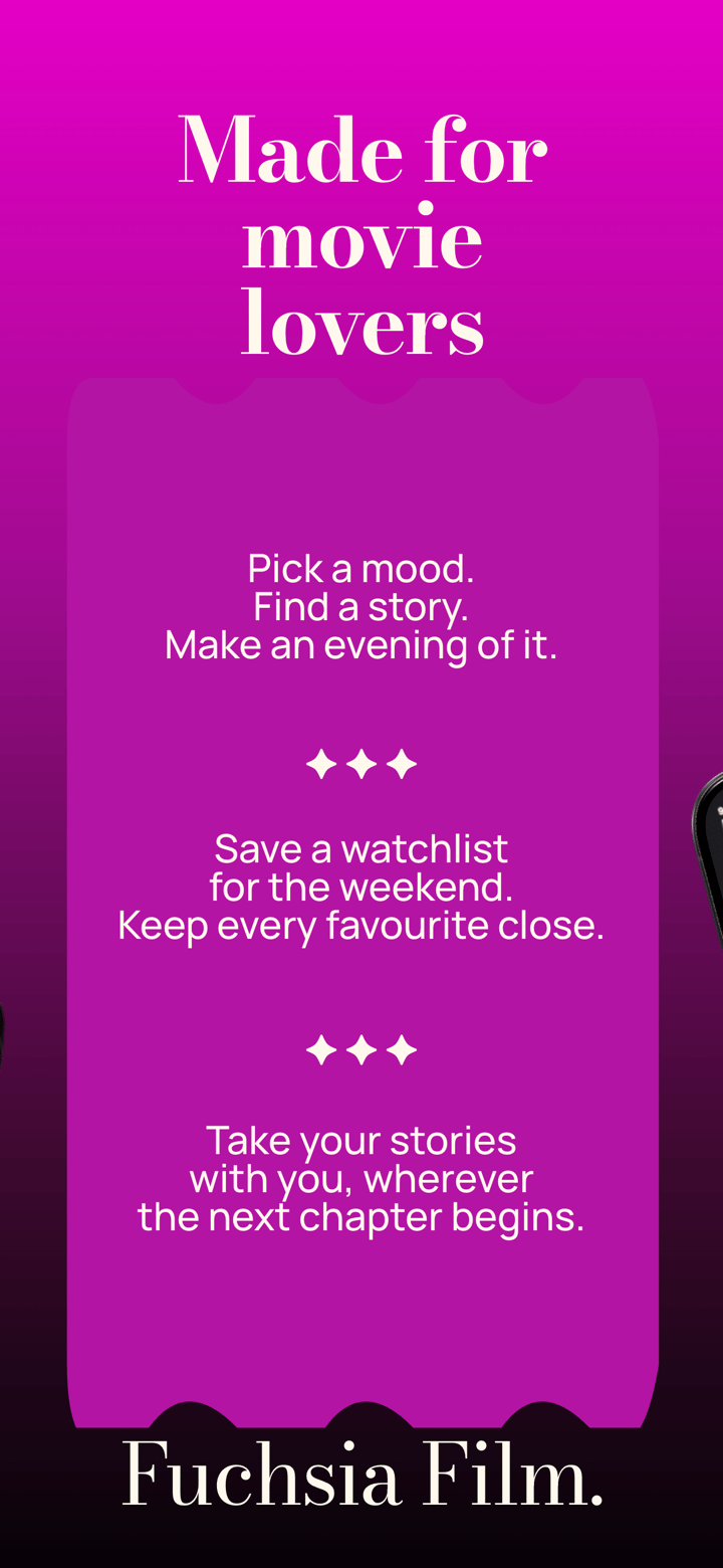 Fuchsia Film app screenshot template preview, screen 3 of 5, Entertainment design