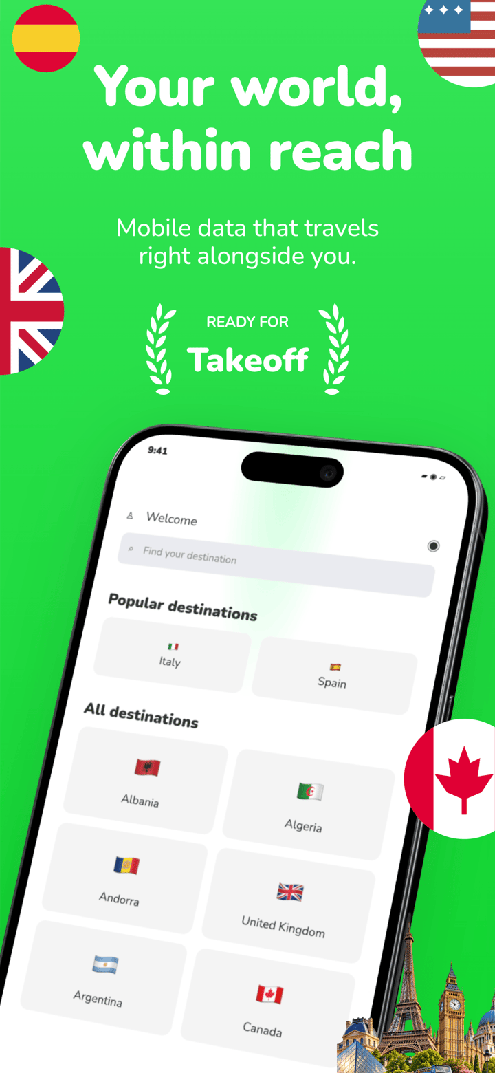 Roam Lime app screenshot template preview, screen 1 of 5, Travel design