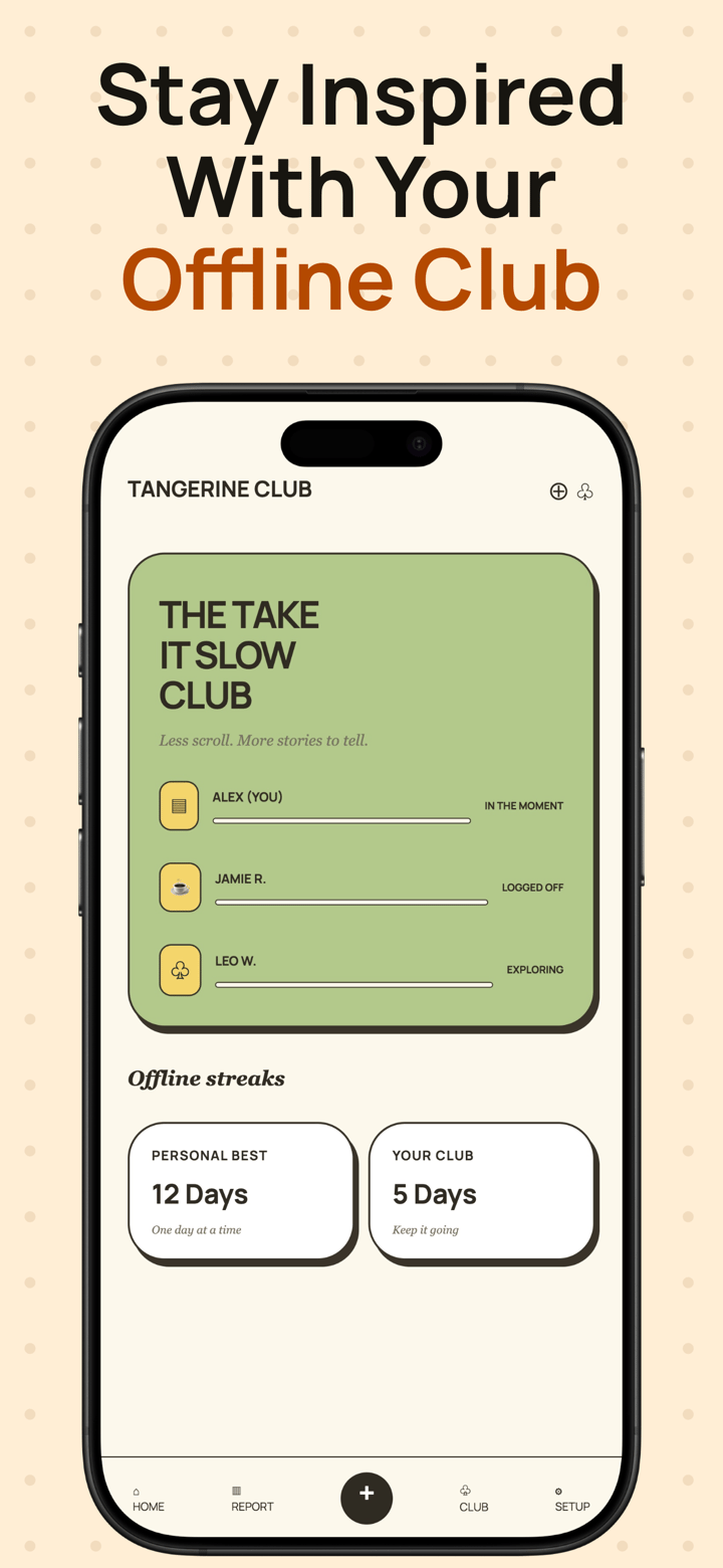Tangerine Club app screenshot template preview, screen 5 of 5, Lifestyle design