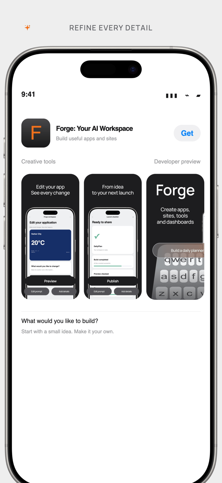 Forge Showcase app screenshot template preview, screen 4 of 5, Developer Tools design