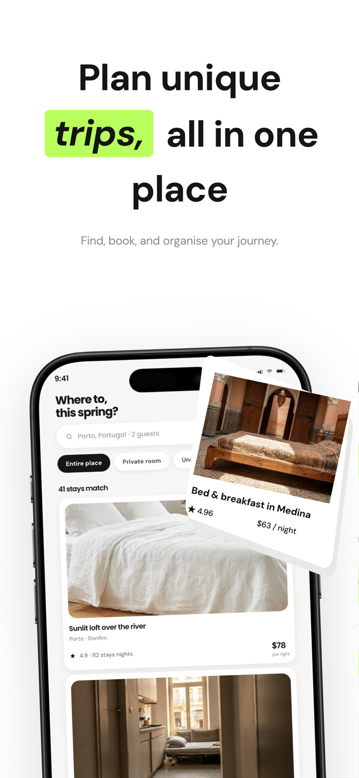 Staywire app screenshot template preview, screen 1 of 5, Travel design