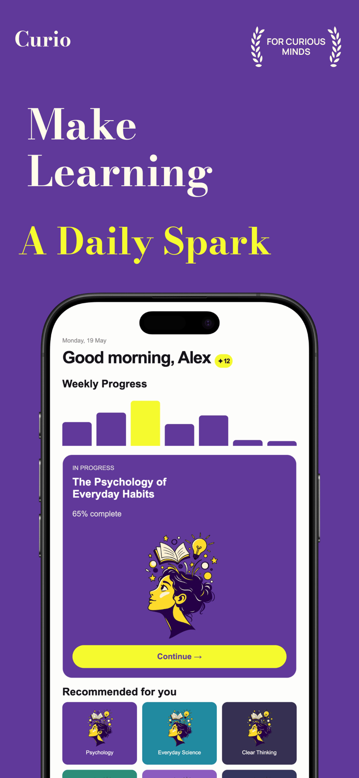 Curio Daily app screenshot template preview, screen 1 of 5, Education design