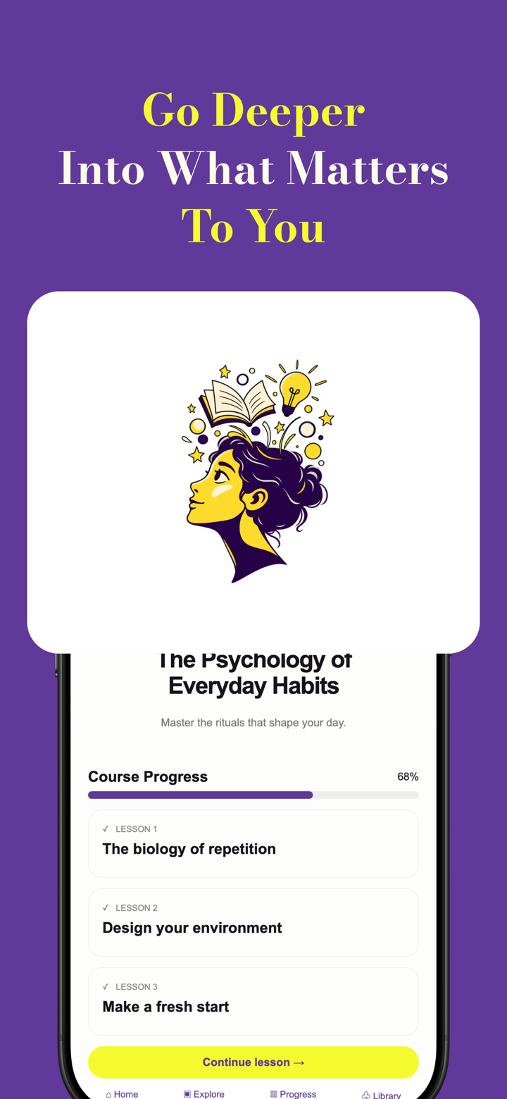 Curio Daily app screenshot template preview, screen 3 of 5, Education design