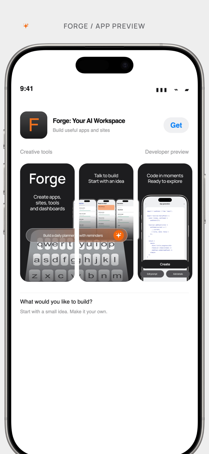 Forge Showcase app screenshot template preview, screen 1 of 5, Developer Tools design