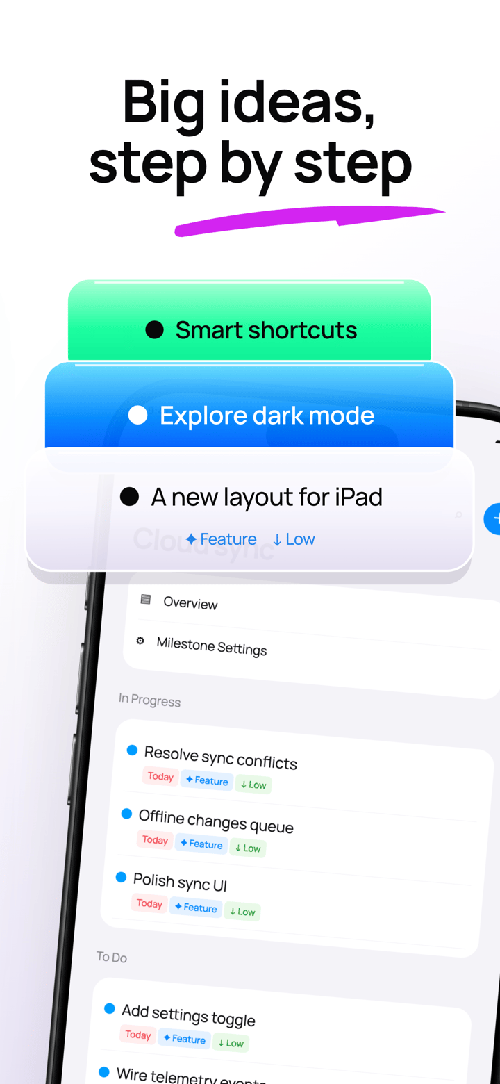 Milestone Glow app screenshot template preview, screen 3 of 5, Productivity design