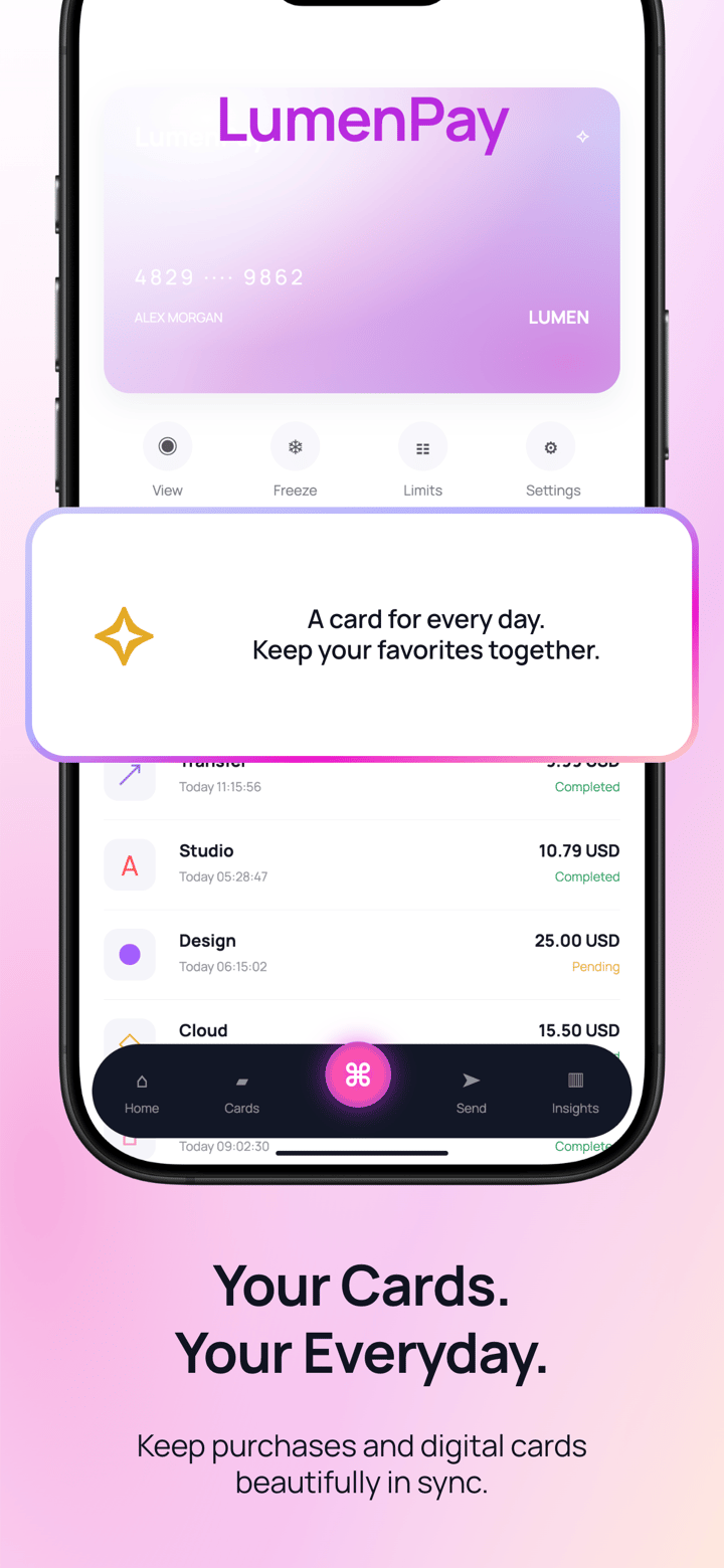 Lumen Pay app screenshot template preview, screen 3 of 5, Finance design