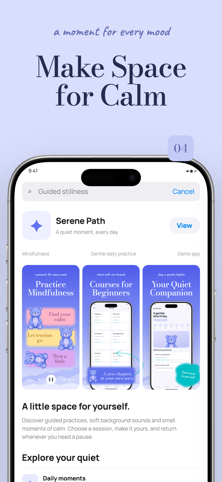 Serene Showcase app screenshot template preview, screen 4 of 5, Health & Fitness design