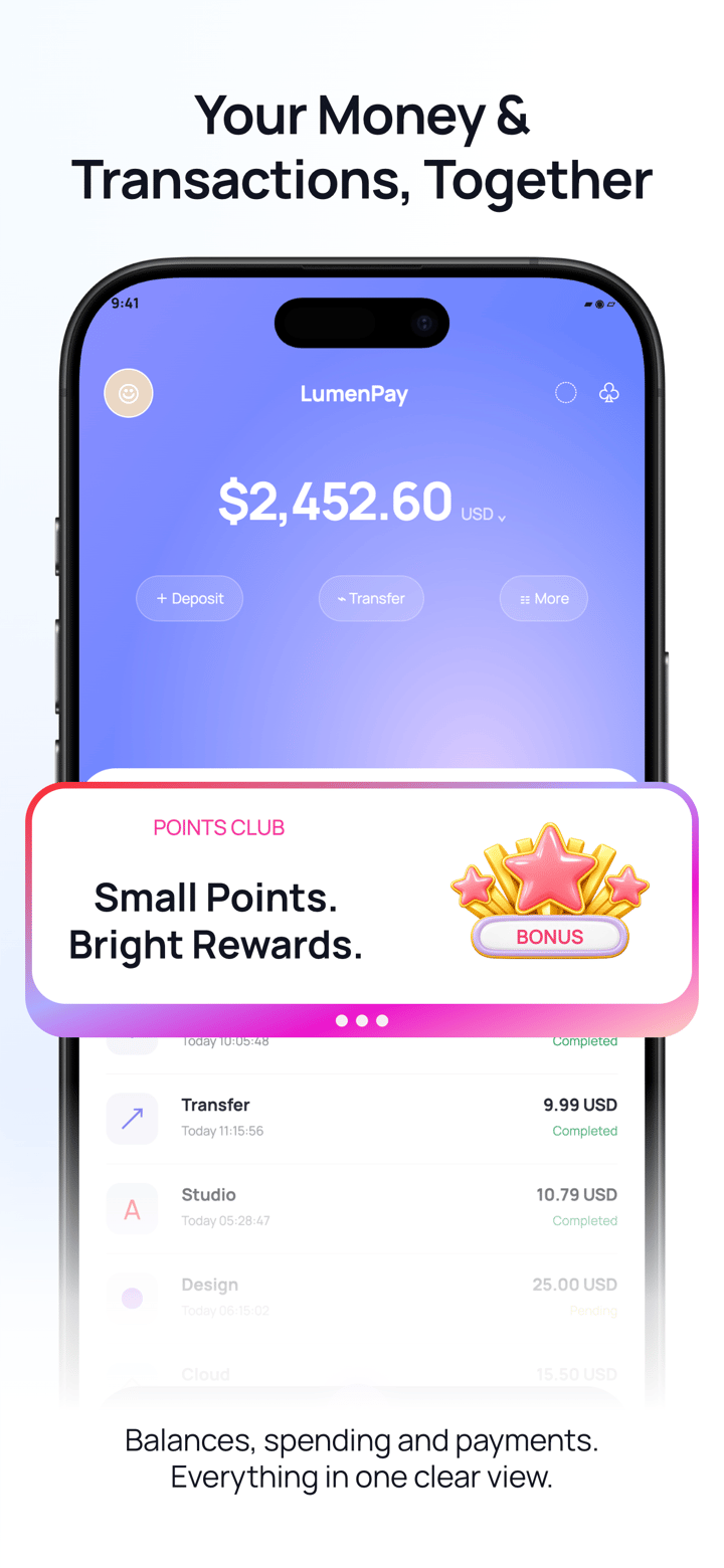 Lumen Pay app screenshot template preview, screen 2 of 5, Finance design