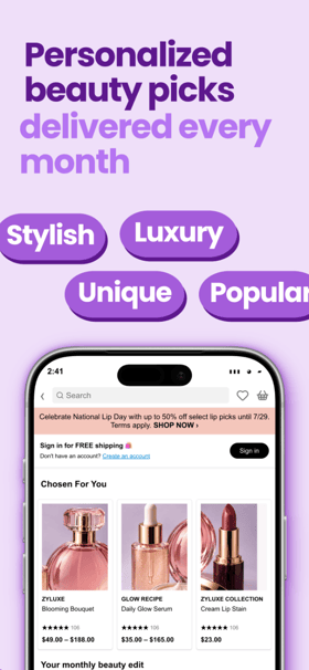 Zyluxe Beauty app screenshot template preview, screen 3 of 5, Shopping design