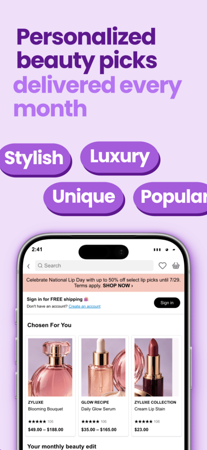 Zyluxe Beauty app screenshot template preview, screen 3 of 5, Shopping design