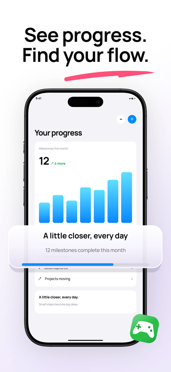 Milestone Glow app screenshot template preview, screen 5 of 5, Productivity design