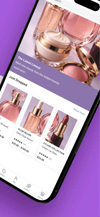 Zyluxe Beauty app screenshot template preview, screen 2 of 5, Shopping design