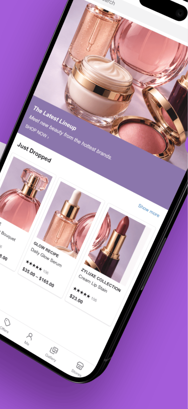Zyluxe Beauty app screenshot template preview, screen 2 of 5, Shopping design
