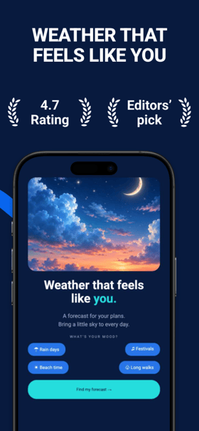 Sky Vibes app screenshot template preview, screen 1 of 5, Weather design