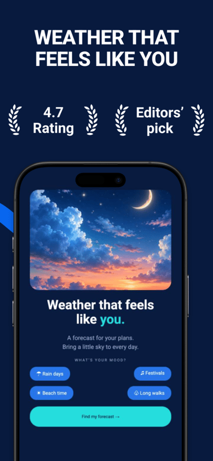 Sky Vibes app screenshot template preview, screen 1 of 5, Weather design