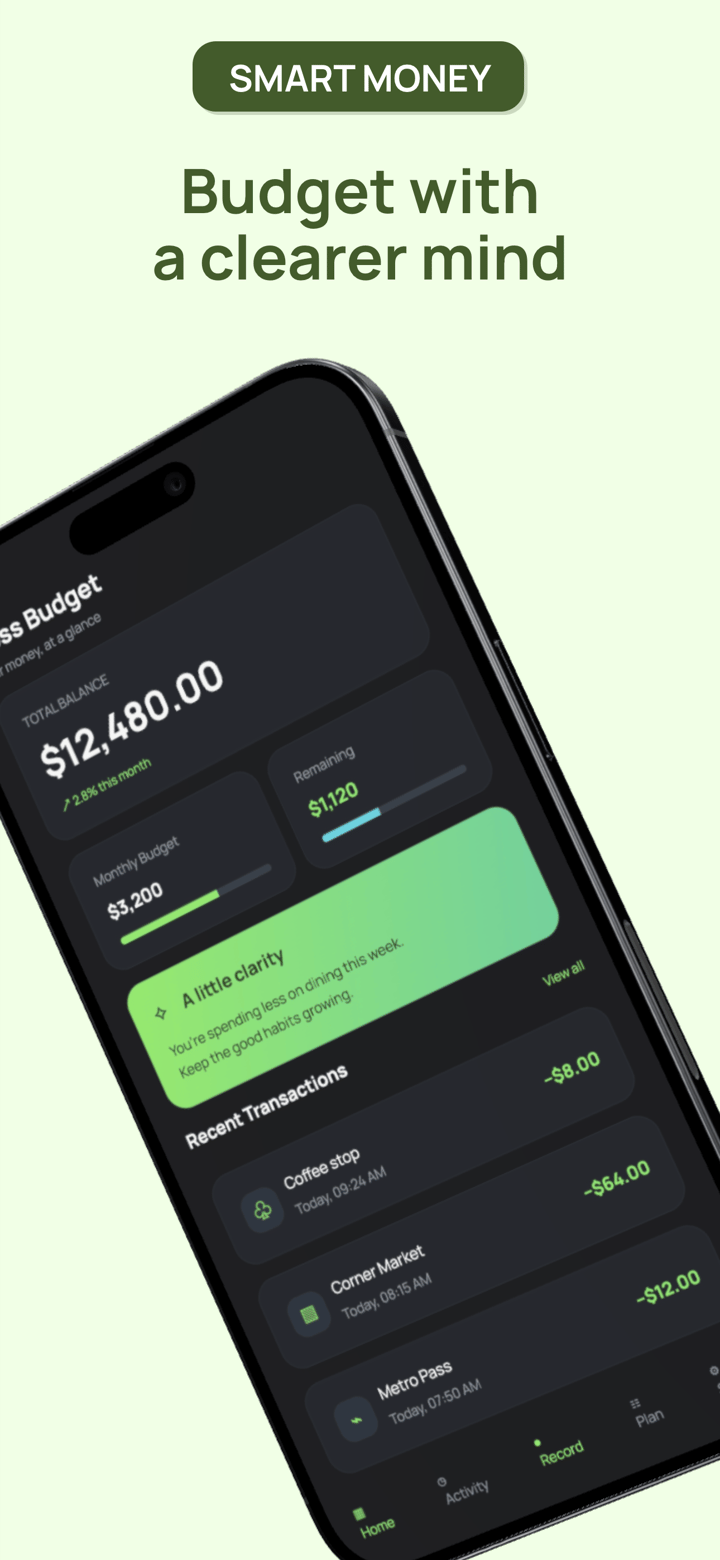 Moss Budget app screenshot template preview, screen 2 of 5, Finance design