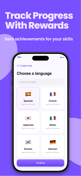 LingoLoop app screenshot template preview, screen 3 of 5, Education design