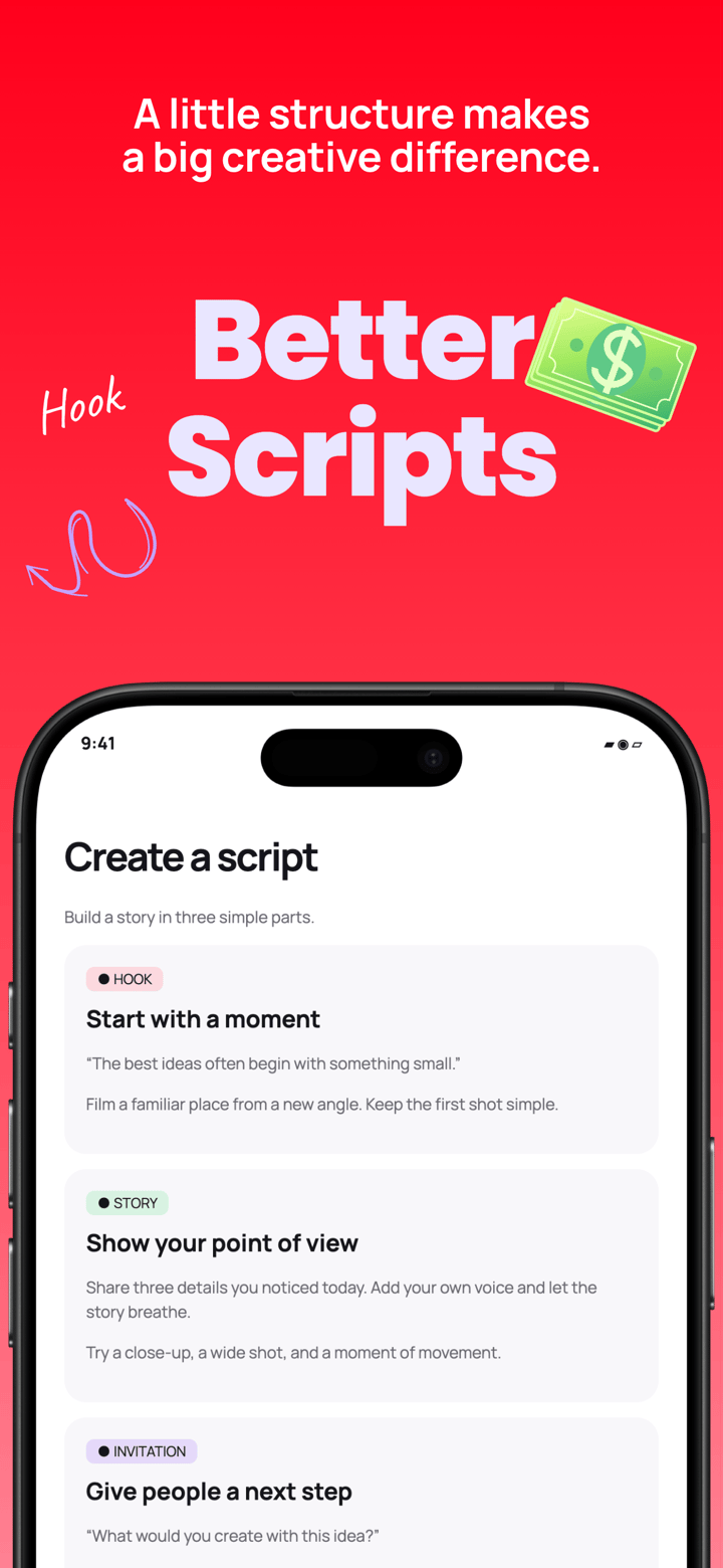 Crimson Creator app screenshot template preview, screen 3 of 5, Productivity design