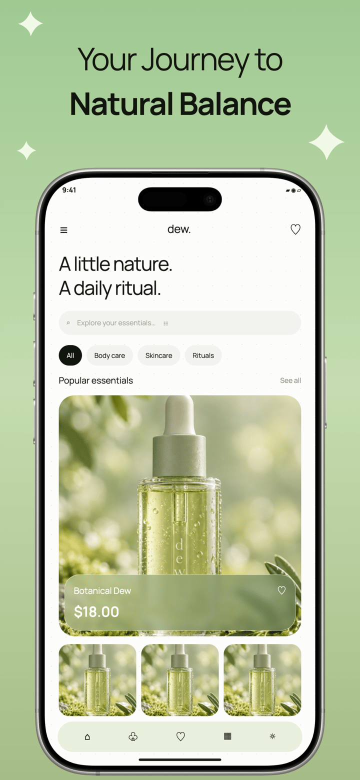 Dew Ritual app screenshot template preview, screen 3 of 5, Shopping design