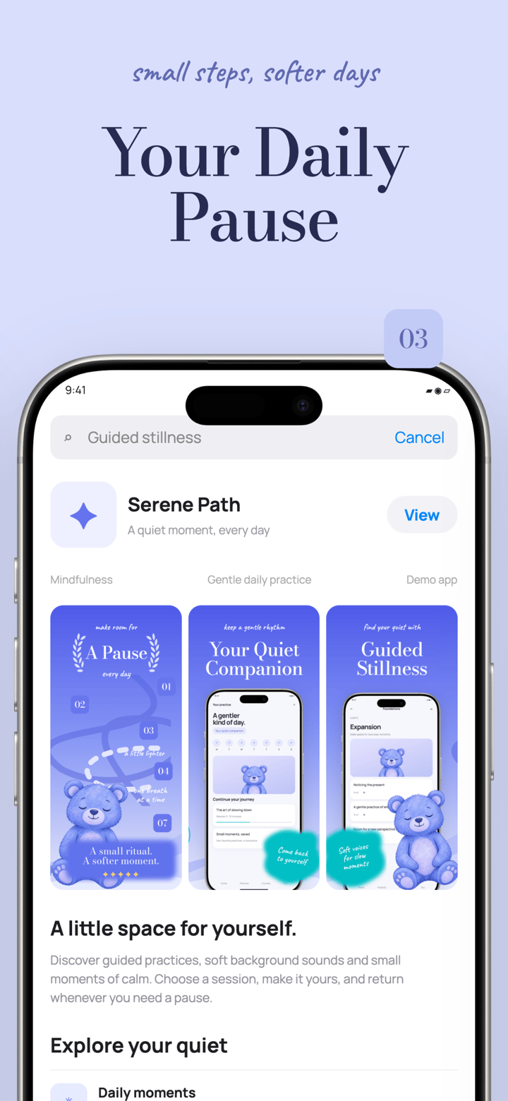 Serene Showcase app screenshot template preview, screen 3 of 5, Health & Fitness design