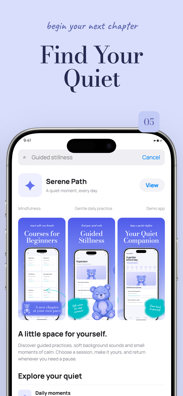 Serene Showcase app screenshot template preview, screen 5 of 5, Health & Fitness design