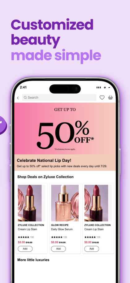 Zyluxe Beauty app screenshot template preview, screen 4 of 5, Shopping design