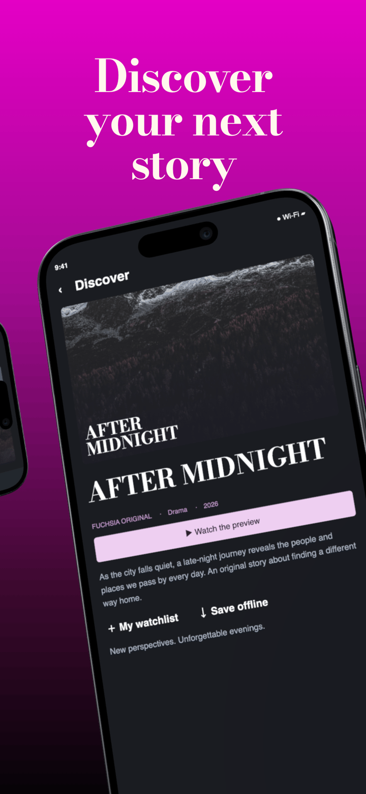 Fuchsia Film app screenshot template preview, screen 5 of 5, Entertainment design