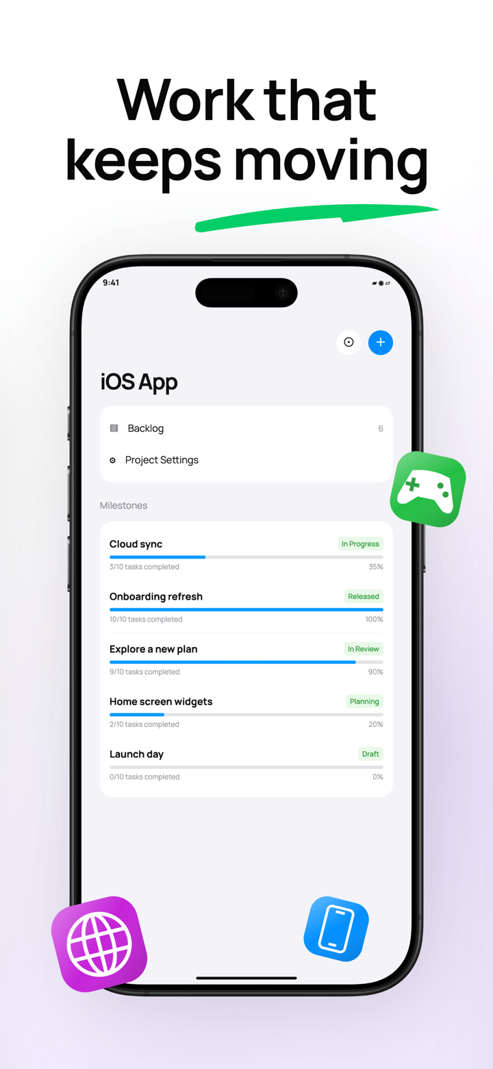 Milestone Glow app screenshot template preview, screen 2 of 5, Productivity design