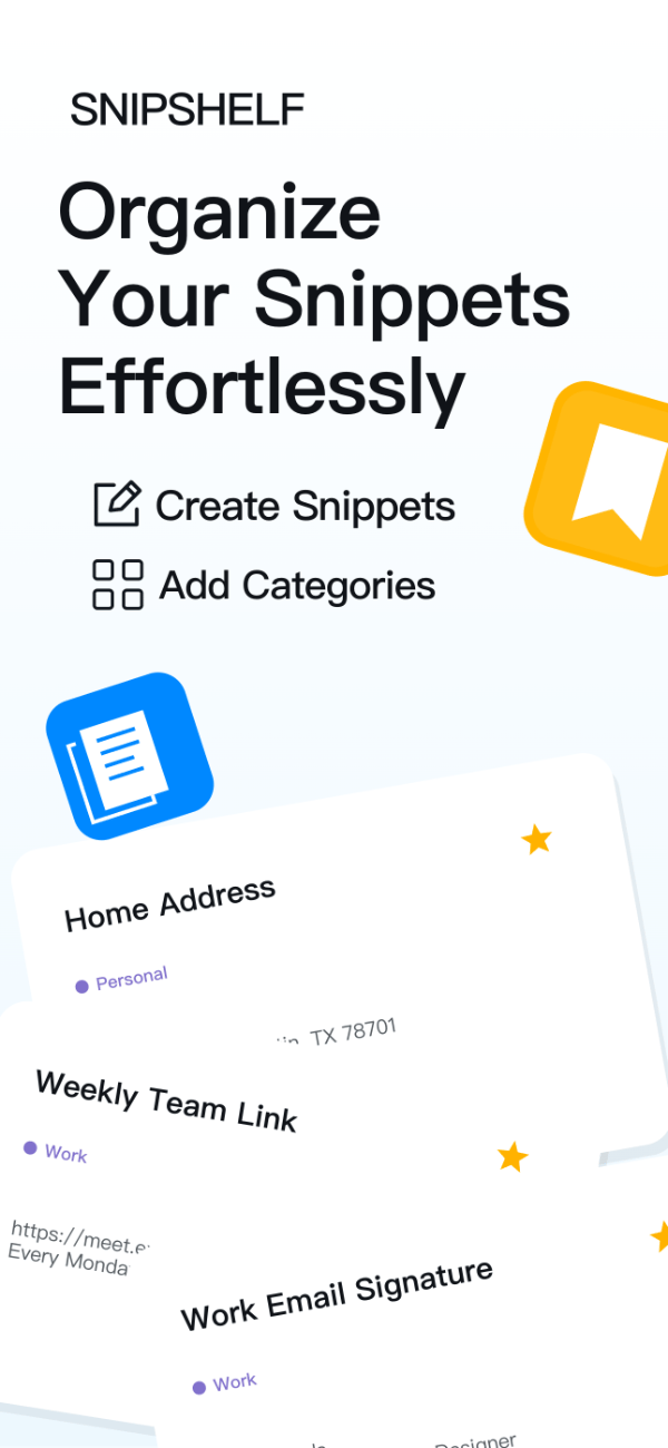 SnipShelf app screenshot template preview, screen 1 of 5, Productivity design