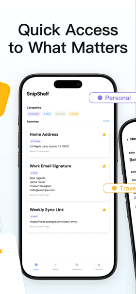 SnipShelf app screenshot template preview, screen 2 of 5, Productivity design