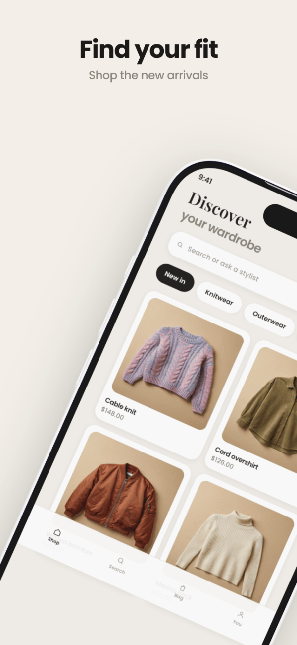 KnitLane app screenshot template preview, screen 1 of 5, Shopping design