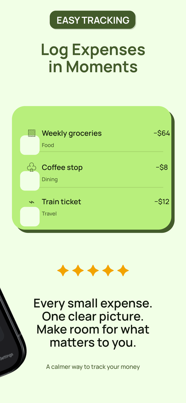 Moss Budget app screenshot template preview, screen 3 of 5, Finance design