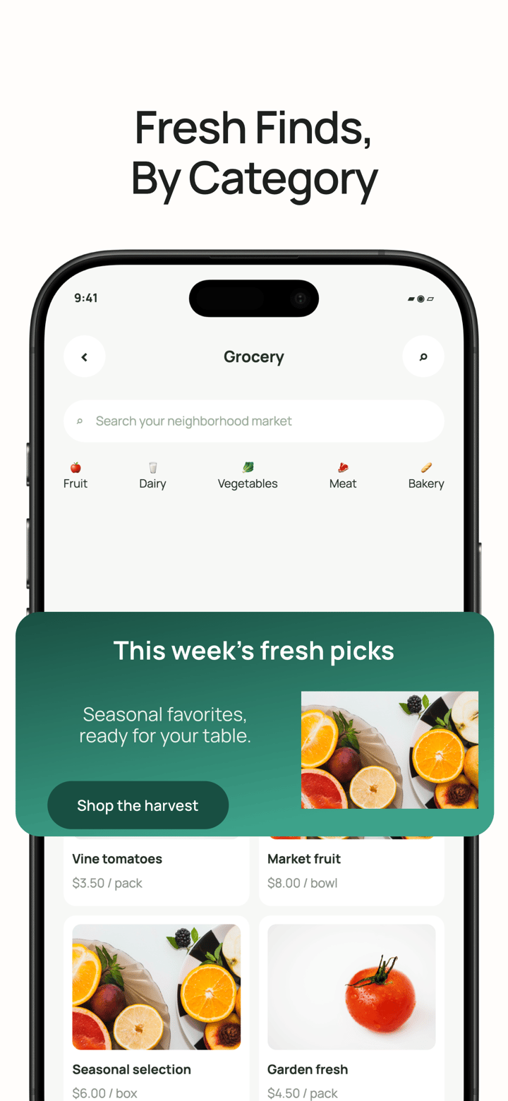Market Day app screenshot template preview, screen 3 of 5, Lifestyle design