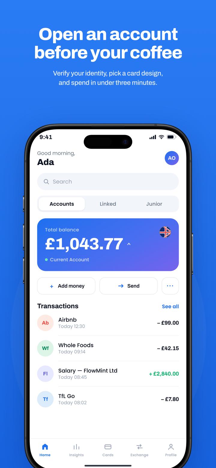 FlowMint app screenshot template preview, screen 2 of 5, Finance design