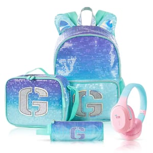 Eazy Kids - 17" Set of 4 Backpack w/ BT Headset, Lunch Bag and Pencil Case - Girl Glitter Green